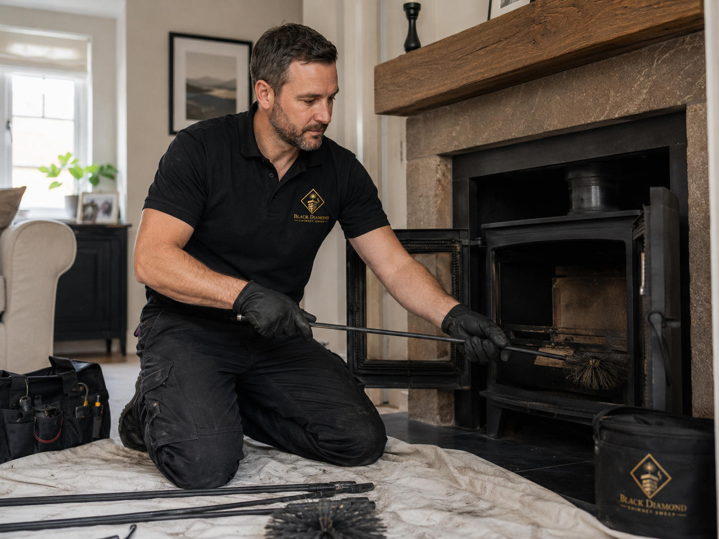 Chimney sweeping in progress